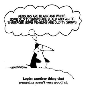 Cartoon illustrates a penguin who isn't very good at logic. The lesson is meant to help students get a better understanding argument.