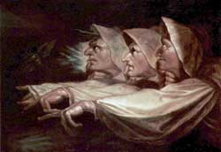 Henry Fuseli created one of the more famous portrayals of the Macbeth’s Three Witches in 1783, entitled The Weird Sisters or The Three Witches. In it, the witches are lined up and dramatically pointing at something all at once, their faces in profile.
