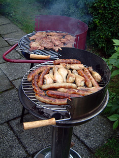 Assorted meats cooking on a two barbeque grills.