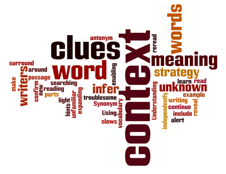 A word cloud of thirty or so jumbled words (orange, maroon, black) that relate to the topic of this lesson, with “context,” the largest word, in the middle. 