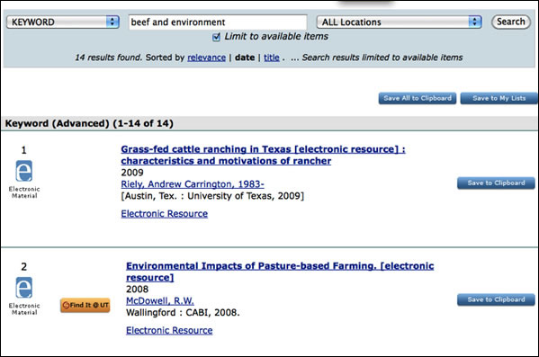 This is a picture of search results from a keyword search for the words “beef and environment” in the electronic card catalog at the University of Texas.