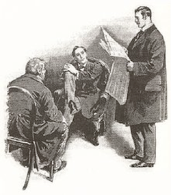 Holmes reading the newspaper to Watson-line drawing
