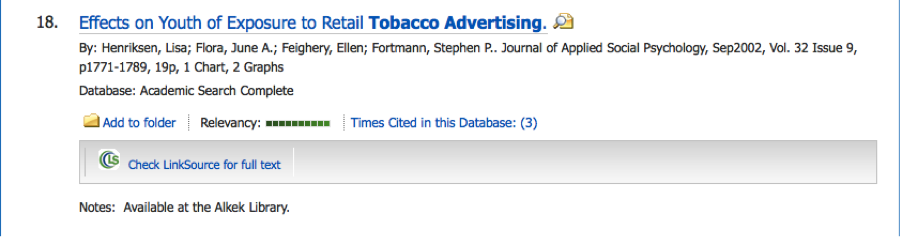Screen shot of a database search for tobacco advertising and teens