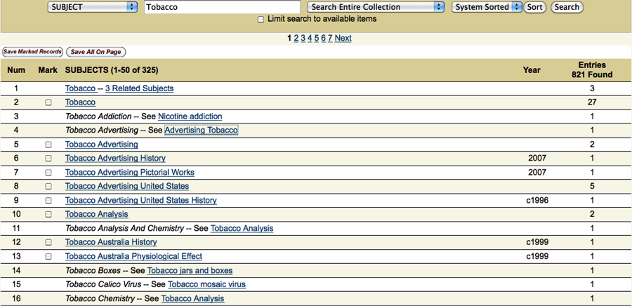  Screen shot of card catalog with a subject search.