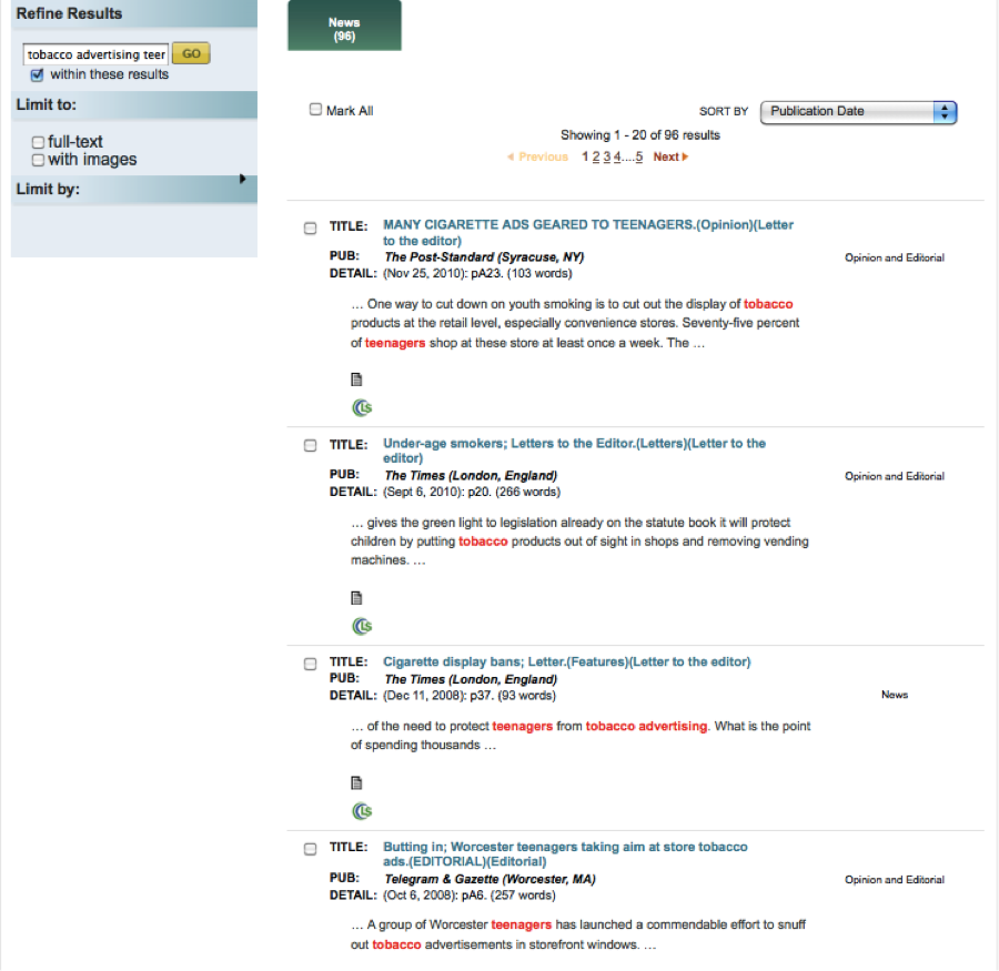This is a screen shot of an InfoTrac Newspapers database search for the words,“tobacco and advertising and teenagers.”