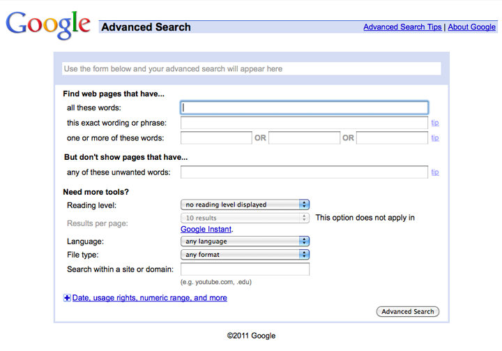 This image is a screenshot of Google.com’s advanced search page. It shows the special fields available to the user to refine their web search.
