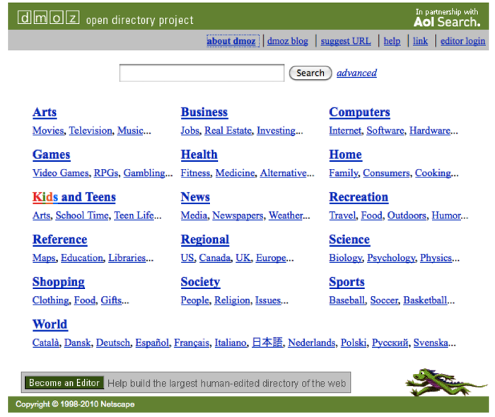 This is the front page of the Open Directory Website (dmoz.org). This page lists the major categories and some subcategories of the directory.