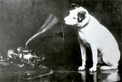 Original black and white photo of RCA dog listening to gramophone.The dog is a Jack Russell terrier.