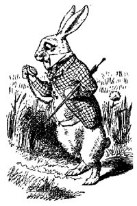 black and white line drawing of the white rabbit from Alice in Wonderland holding his pocket
