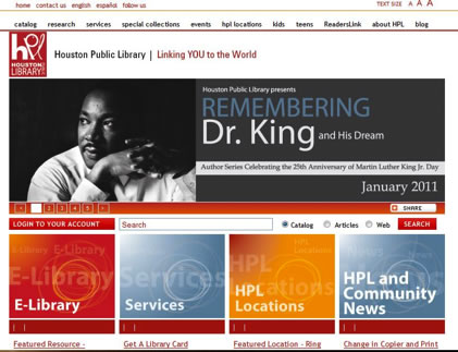 Houston Public Library homepage with image of Martin Luther King, Jr. and links to the online catalog, library services, and specific location and community information