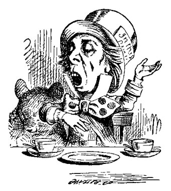 Black and white line drawing of the Mad Hatter from Alice in Wonderland. He seems to be proclaiming something