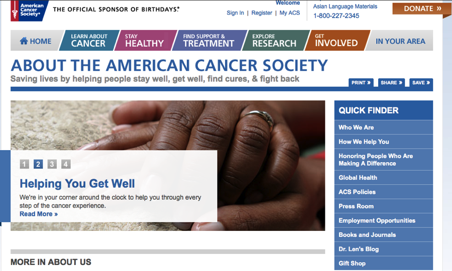 screen shot of page that tells about the American Cancer society webpage. There is a photo of someone holding another person's hand