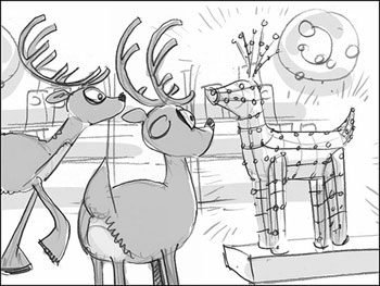 Cartoon of two suburban deer confused as they look at a deer lawn decoration with lights.