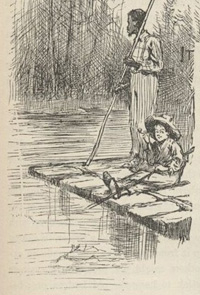Huckleberry Finn image, Huck on raft in river.