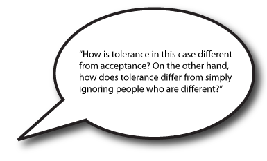 Speech bubble image that says: “How is tolerance in this case different from acceptance? On the other hand, how does tolerance differ from simply ignoring people who are different?”