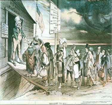 Cartoon of Uncle Sam welcoming all kinds of people onto an ark; the small sign nailed to the ark reads, “Free education, free land, <br /> free speech, free ballot, free lunch.”