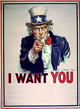 A poster of Uncle Sam with his finger pointing above the words “I want you.”