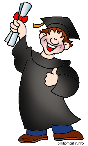 Cartoon of a boy in cap and gown holding up a diploma.