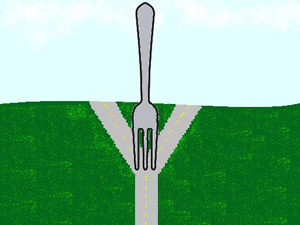 A painting of a dinner fork in the middle of the road at a fork in the road