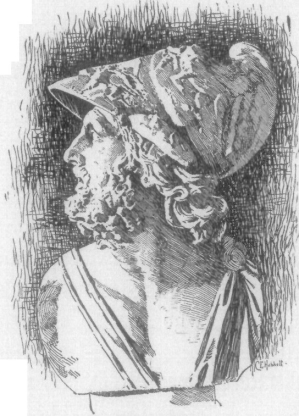 A black and white illustration of a sculpture of King Menelaus with his helmet on