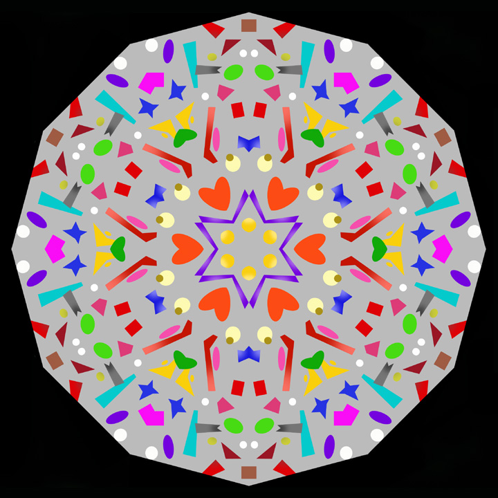 Brightly colored picture of an image you see when you look inside a kaleidoscope