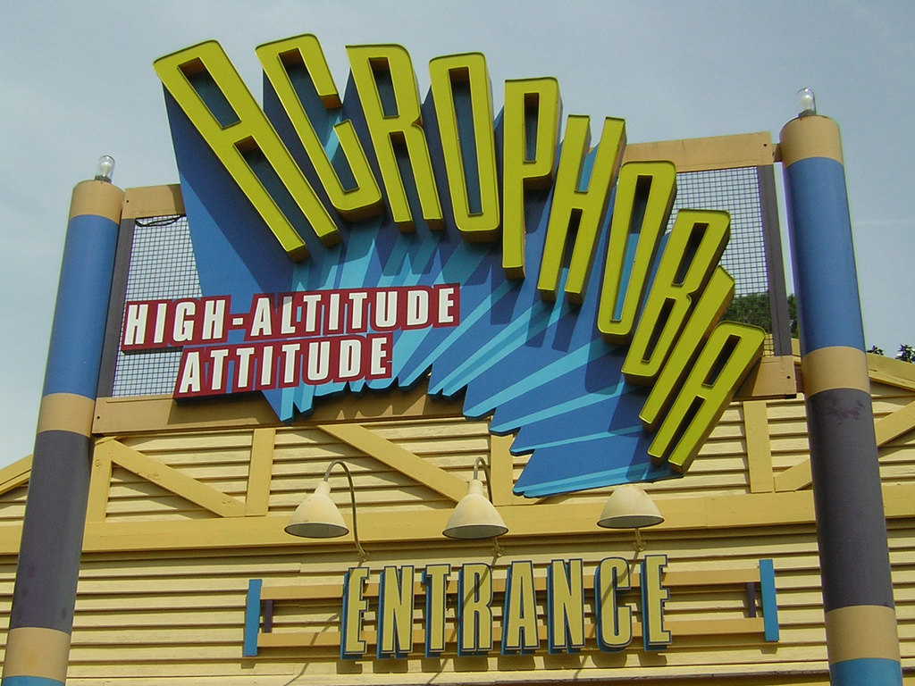 A brightly colored photograph of the entrance to the Acrophobia, a roller coaster at Six Flags Over Georgia
