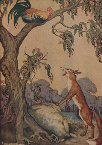 A color illustration depicting a hungry-looking wolf gazing up at a rooster in a tree