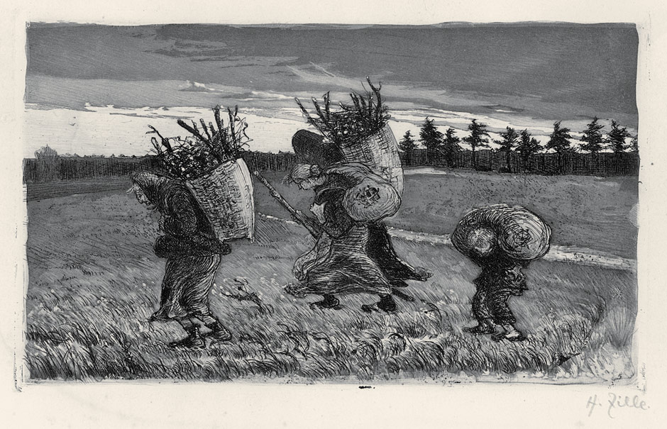 A black and white drawing of three people carrying bundles of sticks on their backs