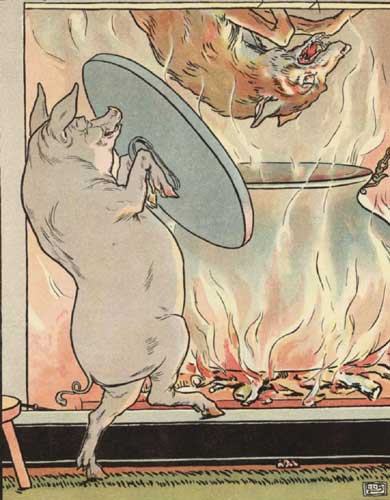A colored illustration of the wolf falling down the chimney into the stew pot while the pig holds the lid ready to clamp down
