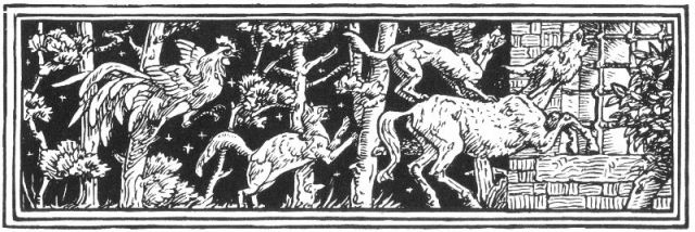 A black and white illustration of a rooster, a cat, and dog, and a horse trying to look through a window.