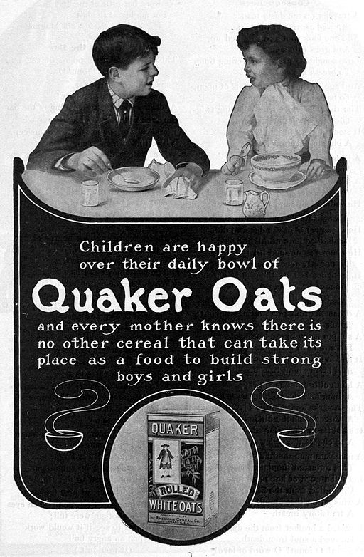 An ad for Quaker Oats is shown. A boy and girl from 1905 sit at a table eating oatmeal. The slogan reads: Children are happy over their daily bowl of Quaker Oats and every mother knows there is no other cereal that can take its place to build strong boys and girls. 