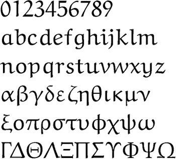 A representation of English Alphabet, Roman numbers, and Greek letters.