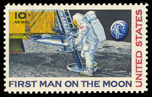 An image of a postage stamp featuring the first manned landing on the moon in 1969