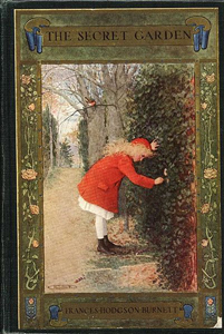 A photo of the book cover of The Secret Garden showing a young girl next to a vine touching the leaves while a bird is overhead on a tree branch.
