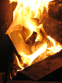 A photograph of a burning book.