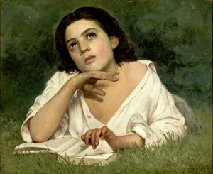A painting of a girl lying in the grass reading a book. She is looking up to the sky pondering something.
