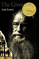 The cover of the book “The Giver.” IT has a portrait photograph of an older bearded man with a section of woods in the corner.