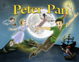 = A poster form a production of “Peter Pan” featuring the main characters of the story.