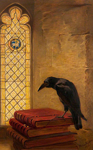 A painting showing a raven standing on a stack of red, leather-bound books with a stained glass window in the background.