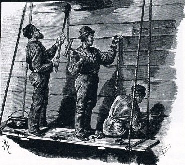 A 19th century drawing of three caulkers working on a wooden hulled ship.