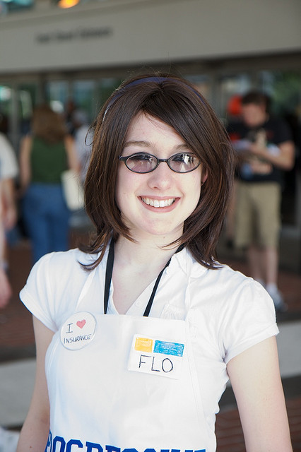 Photo of a teenager dressed as Flo from the Progressive TV commercials