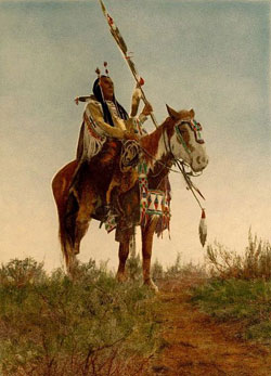 A painting of an American Indian Chief riding a horse. Both he and the horse are intricately decorated with beadwork and feathers. The Chief is holding a spear.