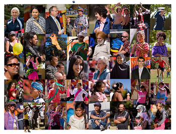 A collage of photographs showing men, women, and children from a multitude of various cultures.