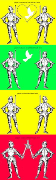 A series of drawing showing armored knights at peace, avoiding each other, and a t war with each other