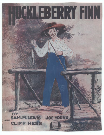 A hokey-looking Huck Finn holds a wooden fishing pole and a string of fish in this drawing