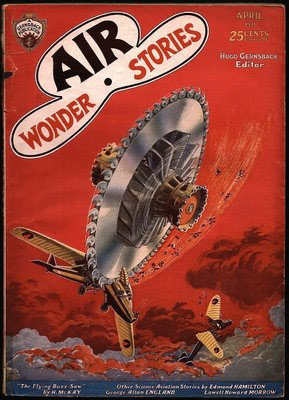 A magazine cover. The magazine is “Air: Wonder Stories;” There is a picture of a mysterious flying machine chopping up old biplane fighters.