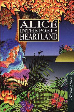 A poster of Alice in the Poets Heartland. It is a conceptual piece of art with water, plants, trees, and a mystical-looking woman in the center.