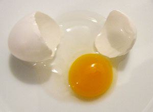A photograph of a cracked egg. The yolk is fully exposed and the shell in two halves.