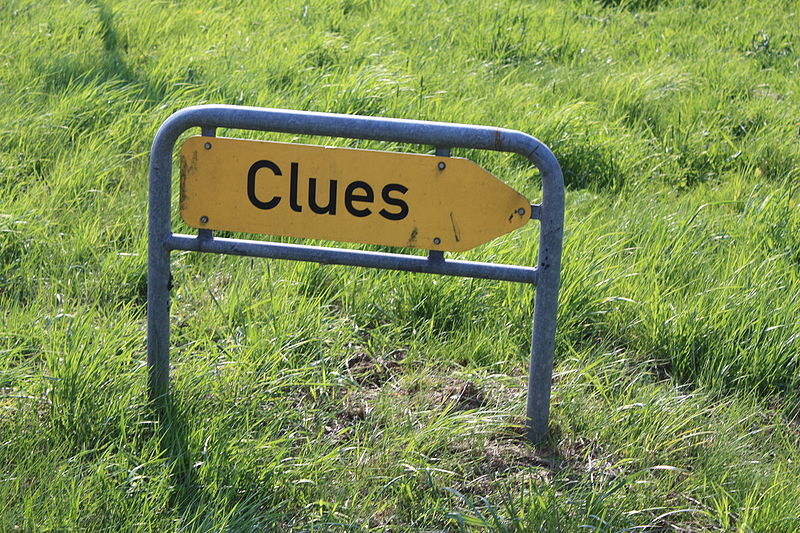 A photograph of a sign on a path that reads, “Clues.”