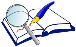 A graphic of a pen writing in a notebook with a magnifying glass over what is being written